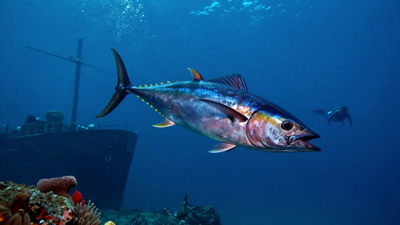 Un atún rojo de gran tamaño nada cerca de un barco hundido cubierto de anémonas, en aguas profundas y frías.