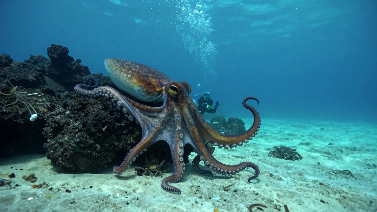Un pulpo gigante extiende un tentáculo hacia una aleta de buceo entre rocas volcánicas y bancos de peces.