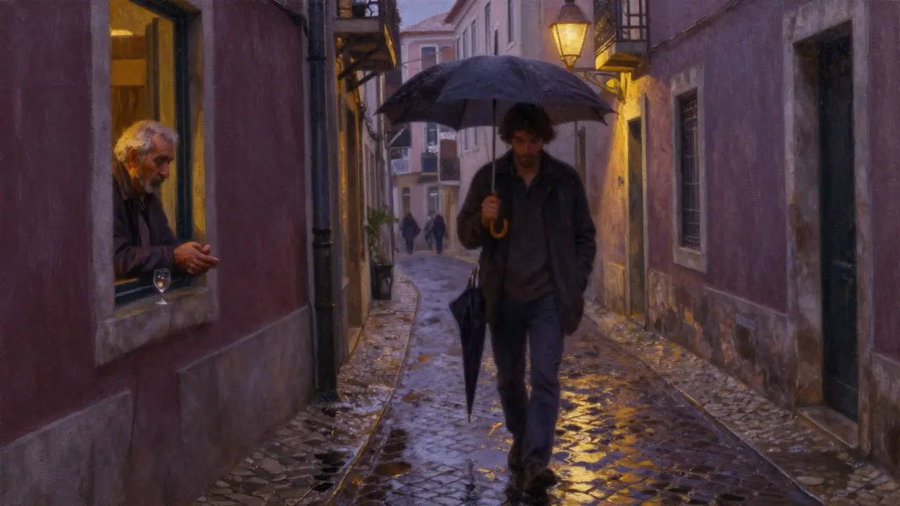 Un viajero camina por un callejón de Lisboa al atardecer, con un vino y un anciano al fondo.