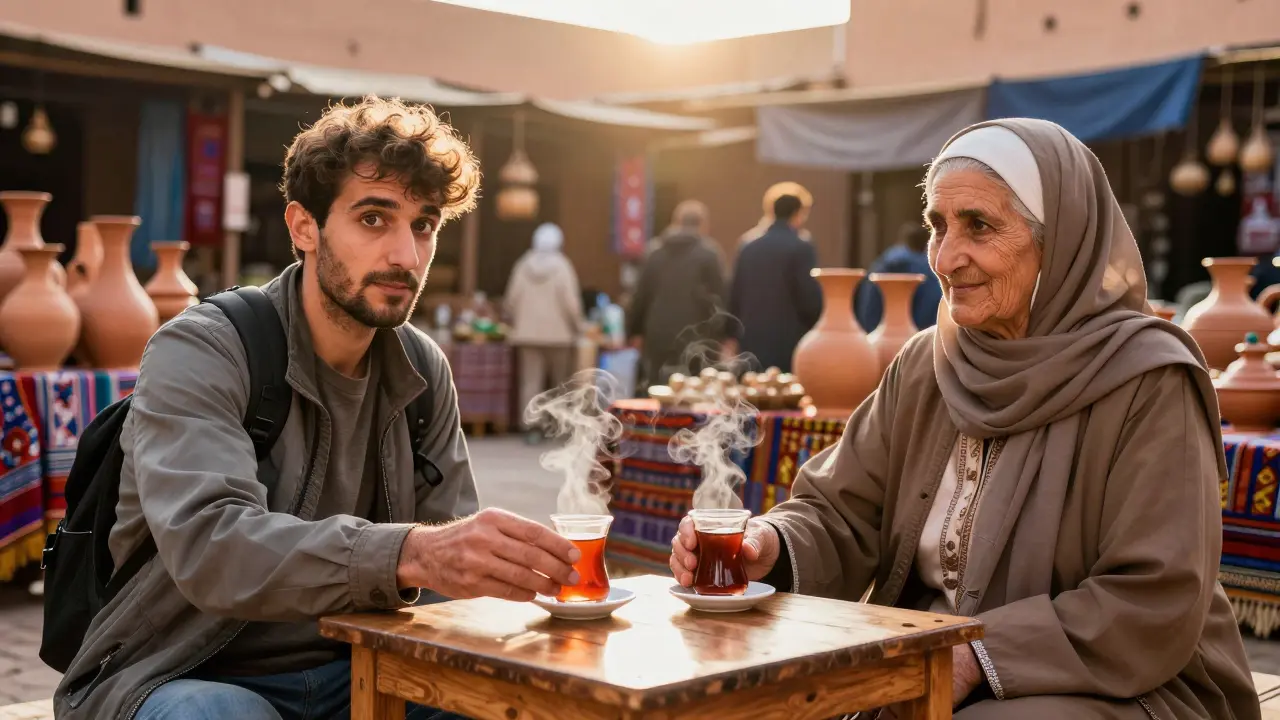 Una mujer en un mercado de Marrakech ofrece té a un viajero con dos cucharas, sin palabras.