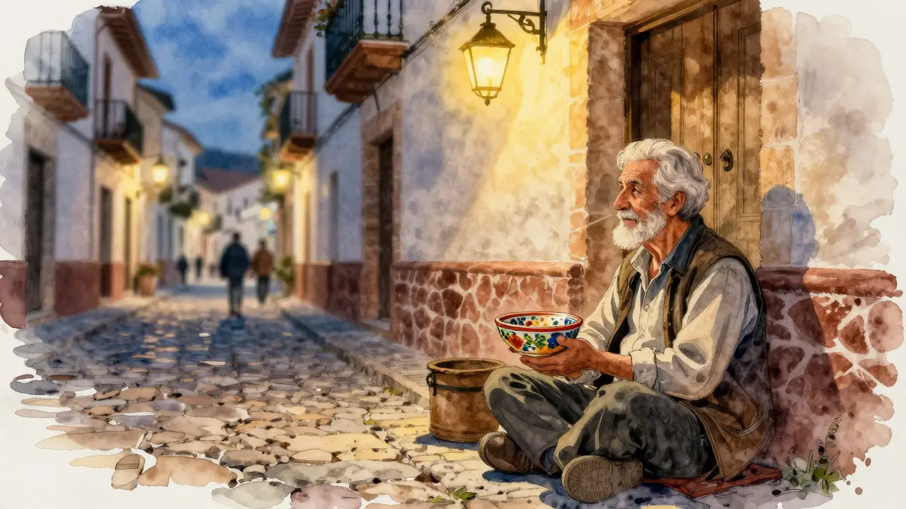 Viajero recibe una taza de cerámica hecha a mano de un artesano en un callejón iluminado por linternas.