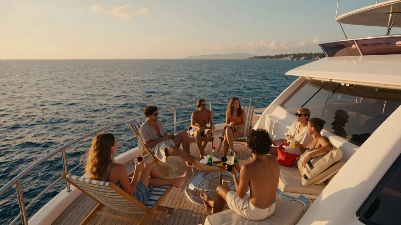 Amigos disfrutando en yate en septiembre, mar tranquilo y atardecer cálido.