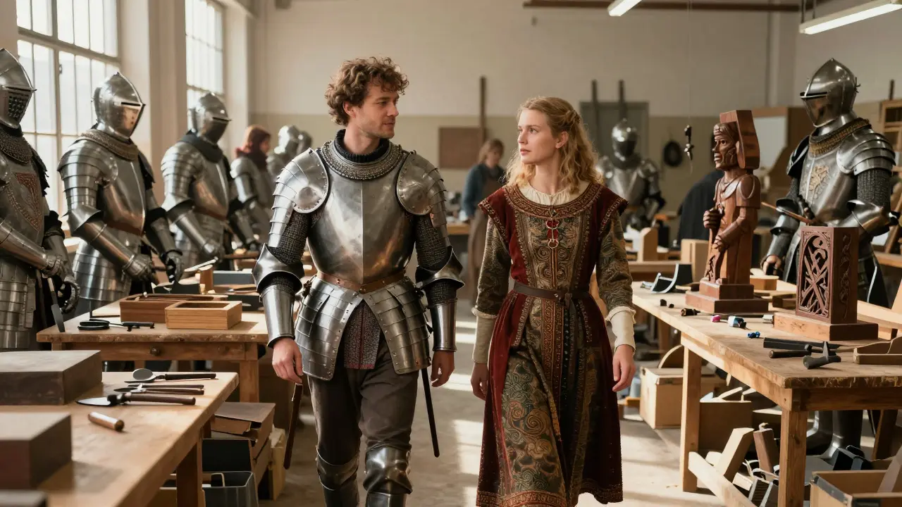 Artesanos en un taller familiar creando armaduras y vestuarios medievales a mano, sin tecnología ni logotipos.