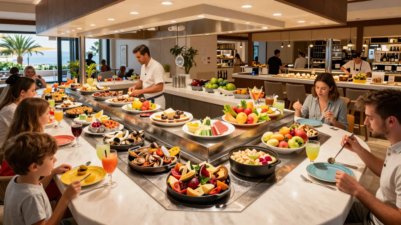 Buffet all inclusive en Mallorca con comida variada, bebidas y familias comiendo.