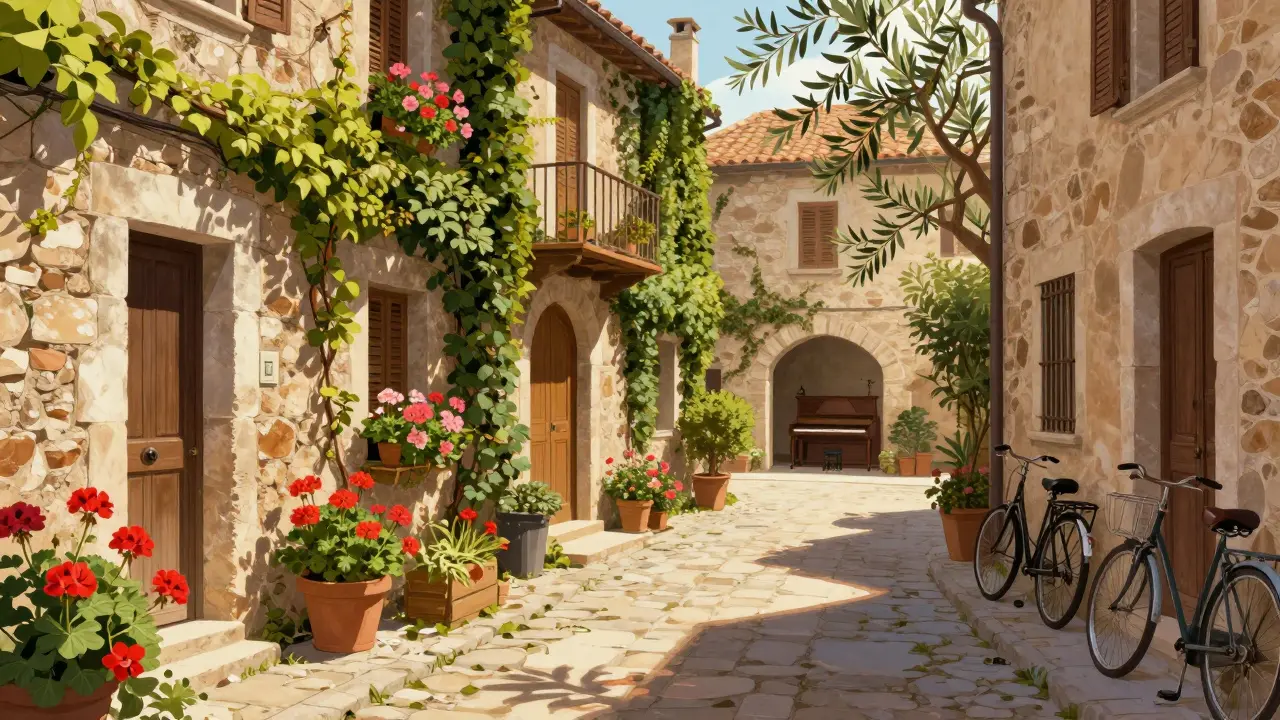 Calle empedrada de Valldemossa con flores y casas de piedra al sol.