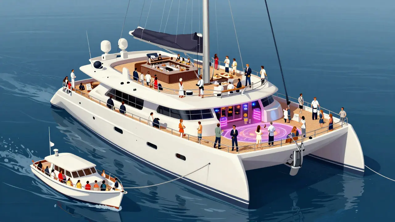Catamarán para fiestas con 40 invitados, comparado con un yate tradicional más pequeño.