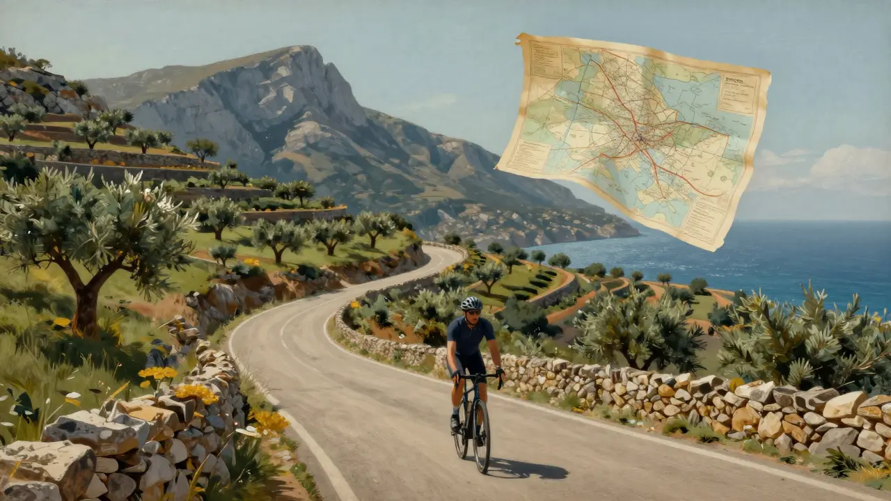 Ciclista en la sierra de Tramuntana con olivos y vistas al mar.
