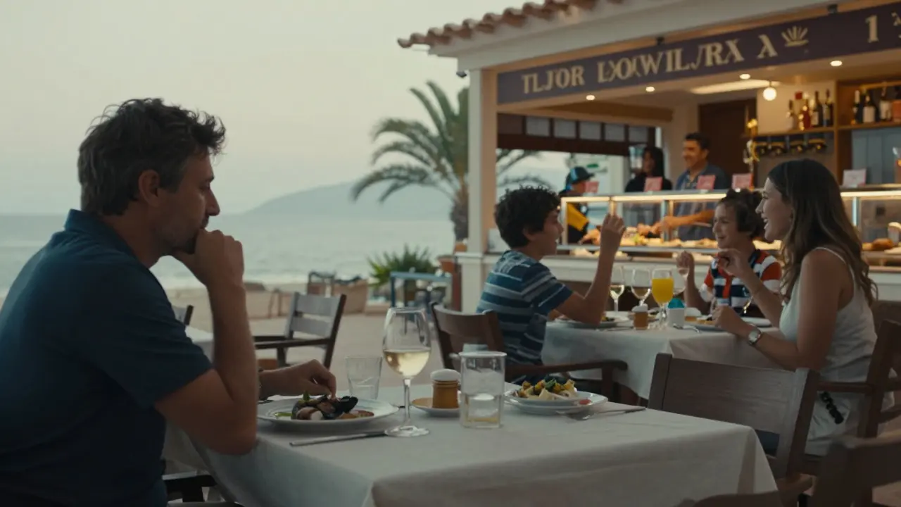 Contraste: cena tranquila en un restaurante local vs. ambiente animado de hotel all inclusive.