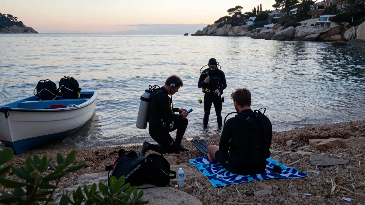 Dos buceadores salen del mar al amanecer en la playa, uno revisa su computadora mientras el otro descansa.