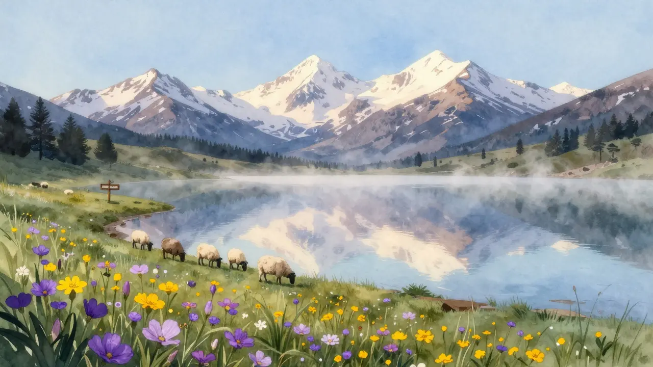 El Lago de Bujaruelo reflejando montañas y ovejas pastando en la orilla.