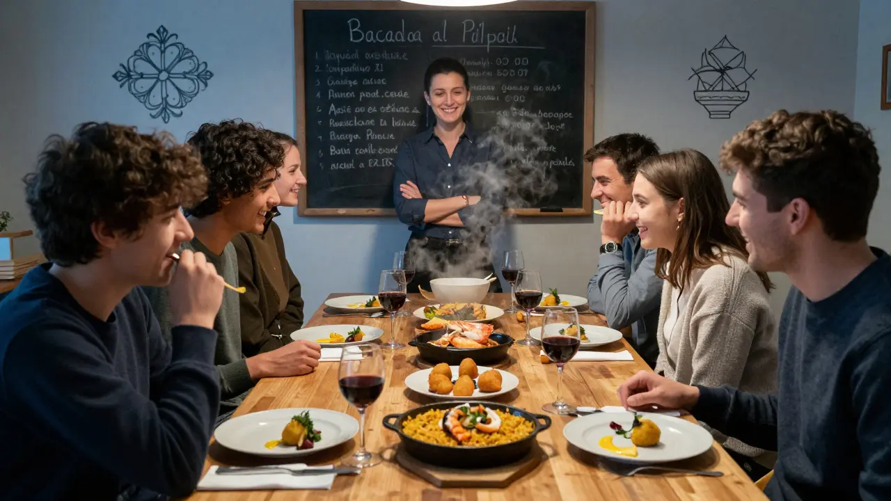 Estudiantes degustando platos vascos en una mesa compartida, con sonrisas y platos humeantes bajo luz suave.