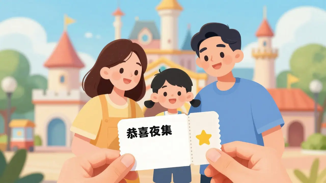 Familia con entradas combinadas para varios parques temáticos y símbolo de descuento.