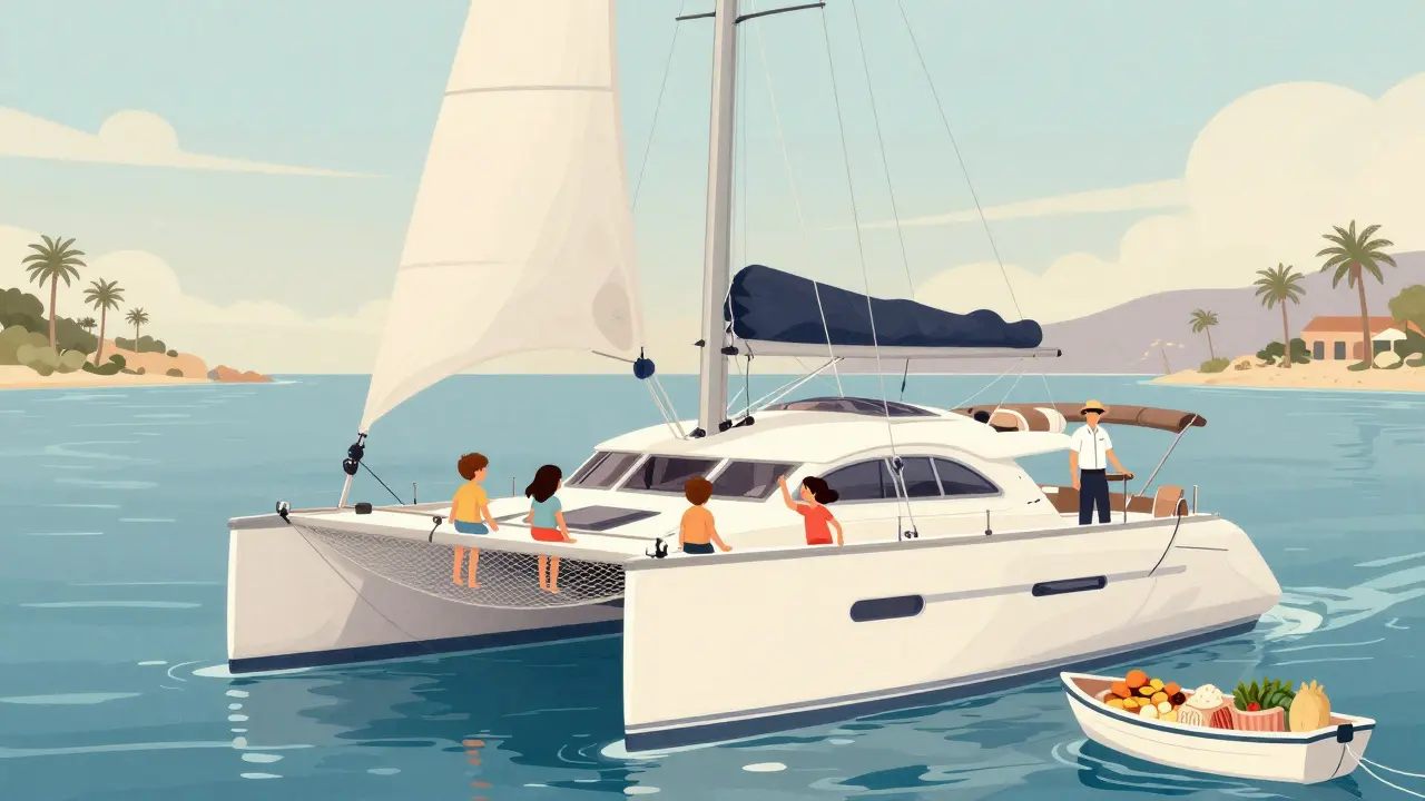 Familia con niños en un catamarán en septiembre, con redes de seguridad y capitán al mando cerca de Cala Jondal.