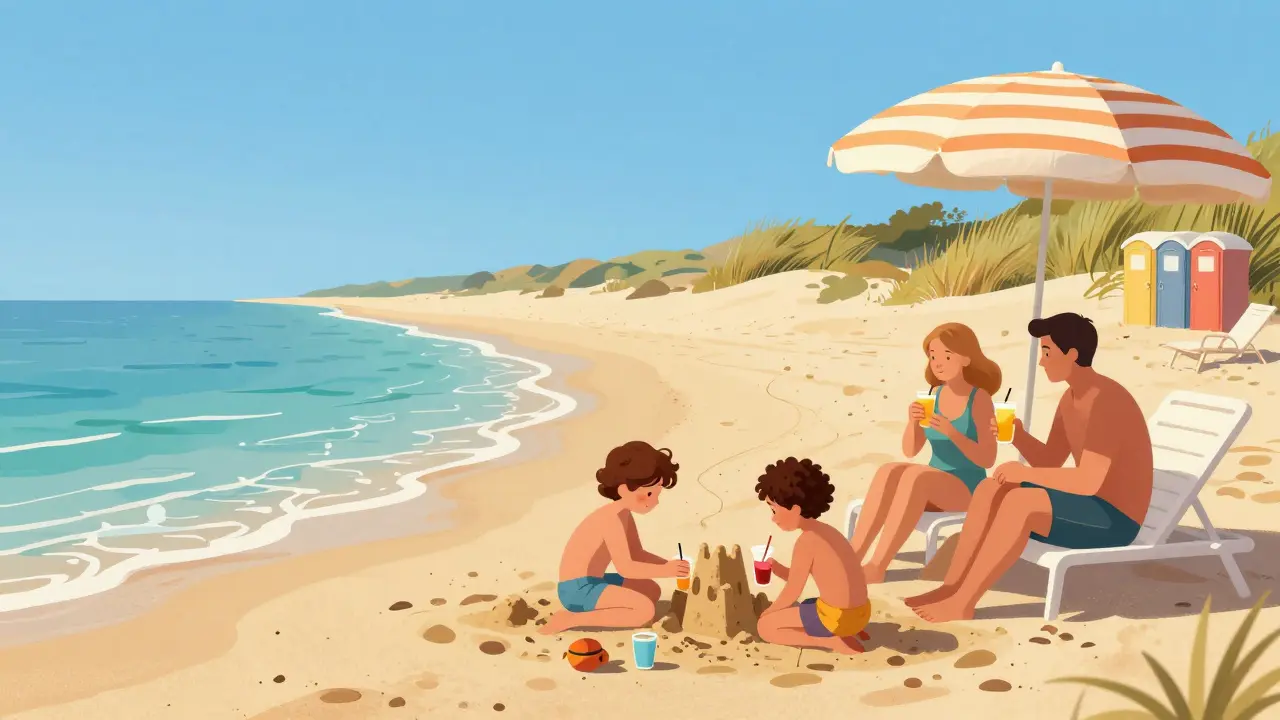 Familia disfrutando de una jornada en la playa de Es Trenc en junio, con niños jugando en el agua y sombrillas a la sombra.