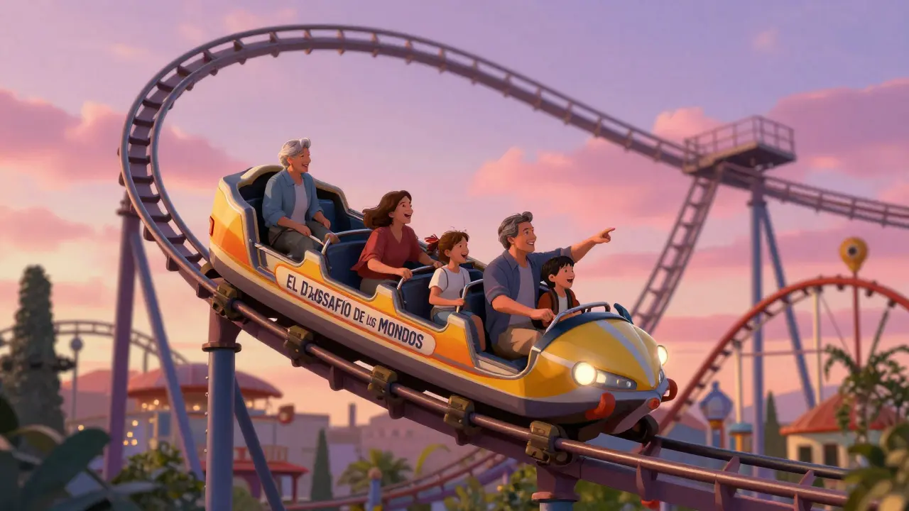 Familia riendo en la montaña rusa invertida El Desafío de los Mundos en el Parque de Atracciones de Madrid al atardecer.