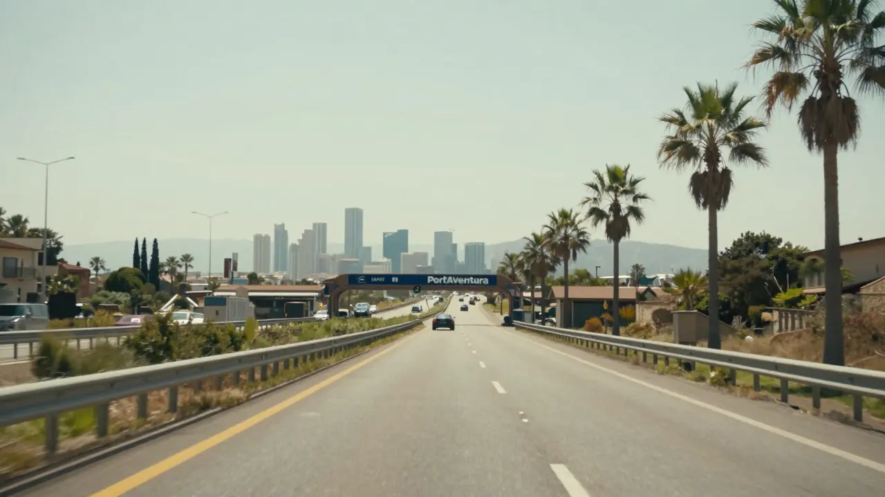 Familia viajando en coche desde Barcelona hacia PortAventura en AP-7.