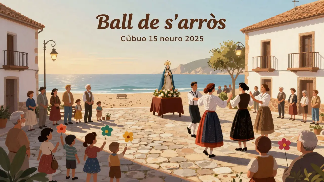 Fiesta tradicional mallorquina el 15 de agosto, con familias y danzas folklóricas en una plaza de pueblo, mientras la playa está desierta.