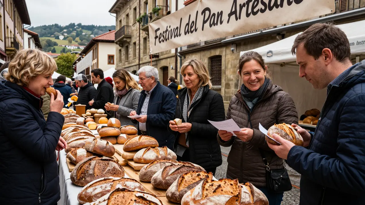 Gente probando panes artesanales en el Festival del Pan Artesano de Bilbao.