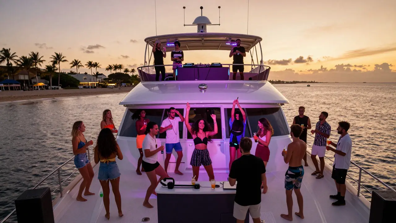 Grupo de 16 personas celebrando en un yate con DJ y luces LED al atardecer en Ibiza.