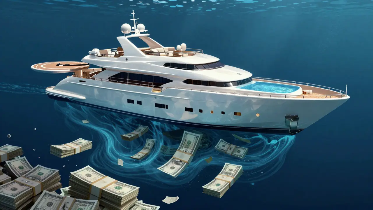 Ilustración conceptual de un yate como un palacio flotante, con costos ocultos flotando bajo la quilla como corrientes submarinas.