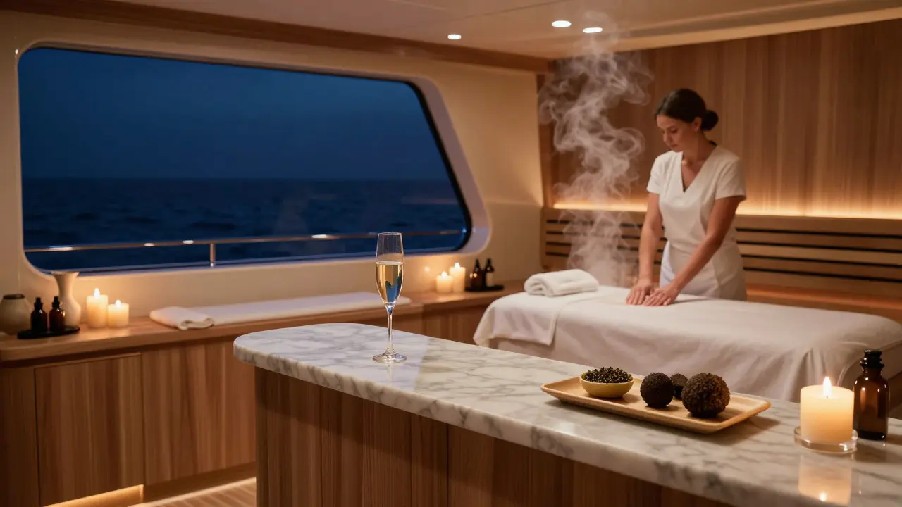 Interior del spa de un yate de lujo con sauna, velas y caviar, mientras el océano se ve a través de una ventana.