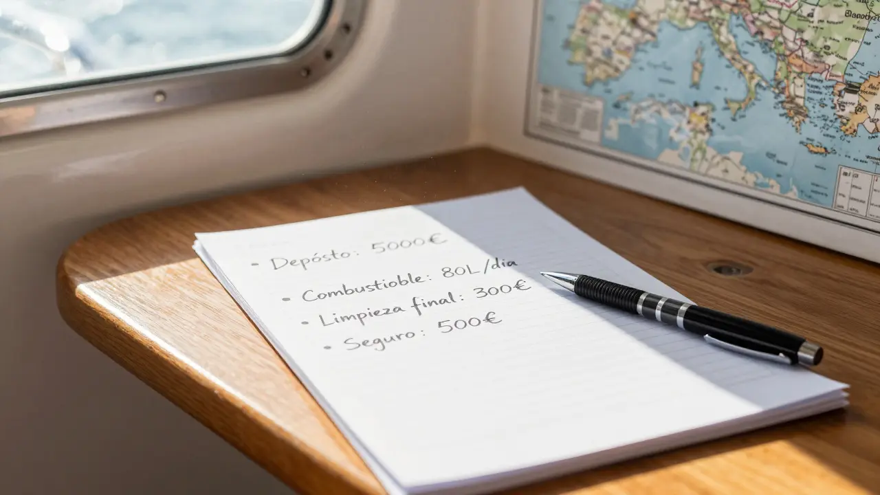 Lista de gastos ocultos para alquilar un catamarán en Ibiza: depósito, combustible y limpieza final, sobre una mesa de madera.
