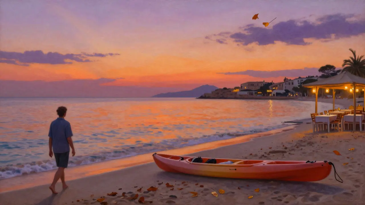 Local paseando por la playa en septiembre al atardecer, mar cálido y chiringuito iluminado al fondo, ambiente sereno y auténtico.