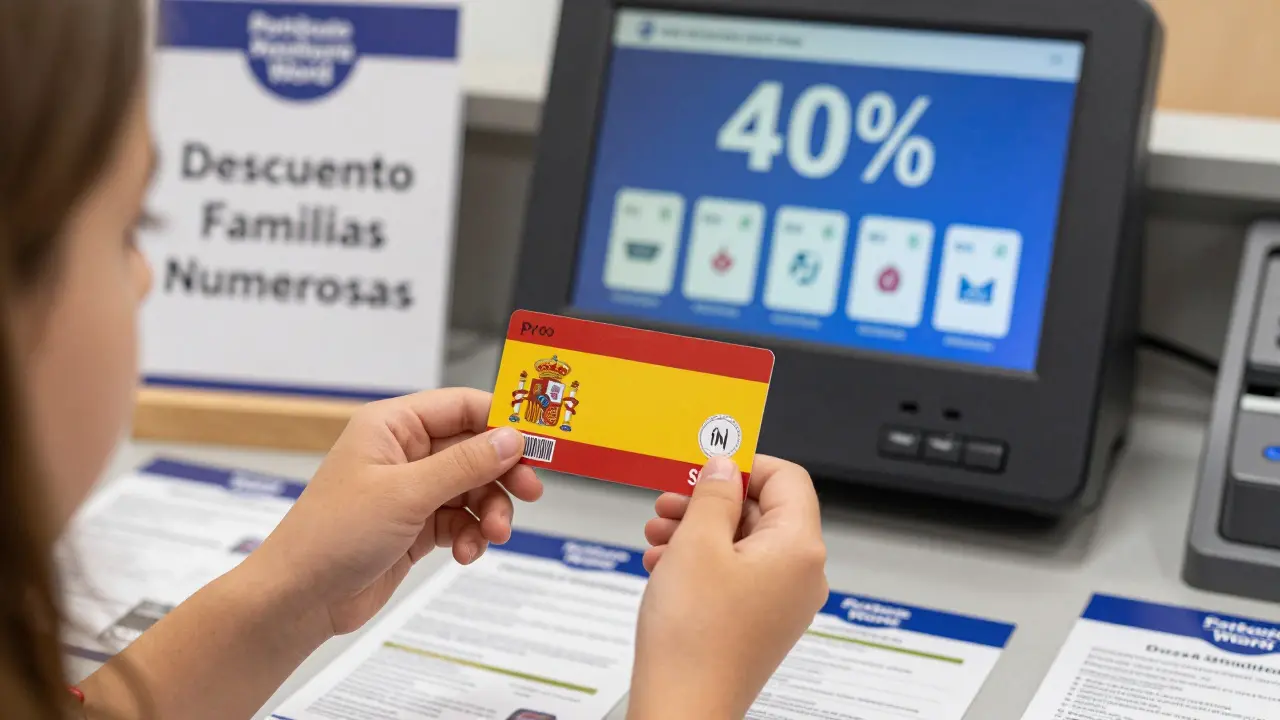 Mano de niña entregando la tarjeta oficial de familia numerosa en taquilla de PortAventura con descuento aplicado en pantalla.