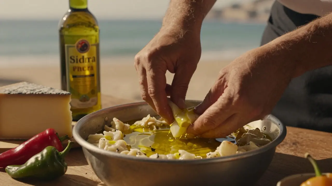 Manos preparando el pil-pil con aceite y jugo de bacalao, rodeado de ingredientes vascos tradicionales.
