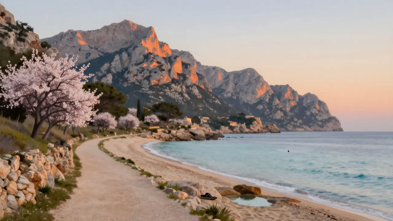 Paisaje de Mallorca en primavera: montañas en flor y playa vacía con calzado junto al agua.