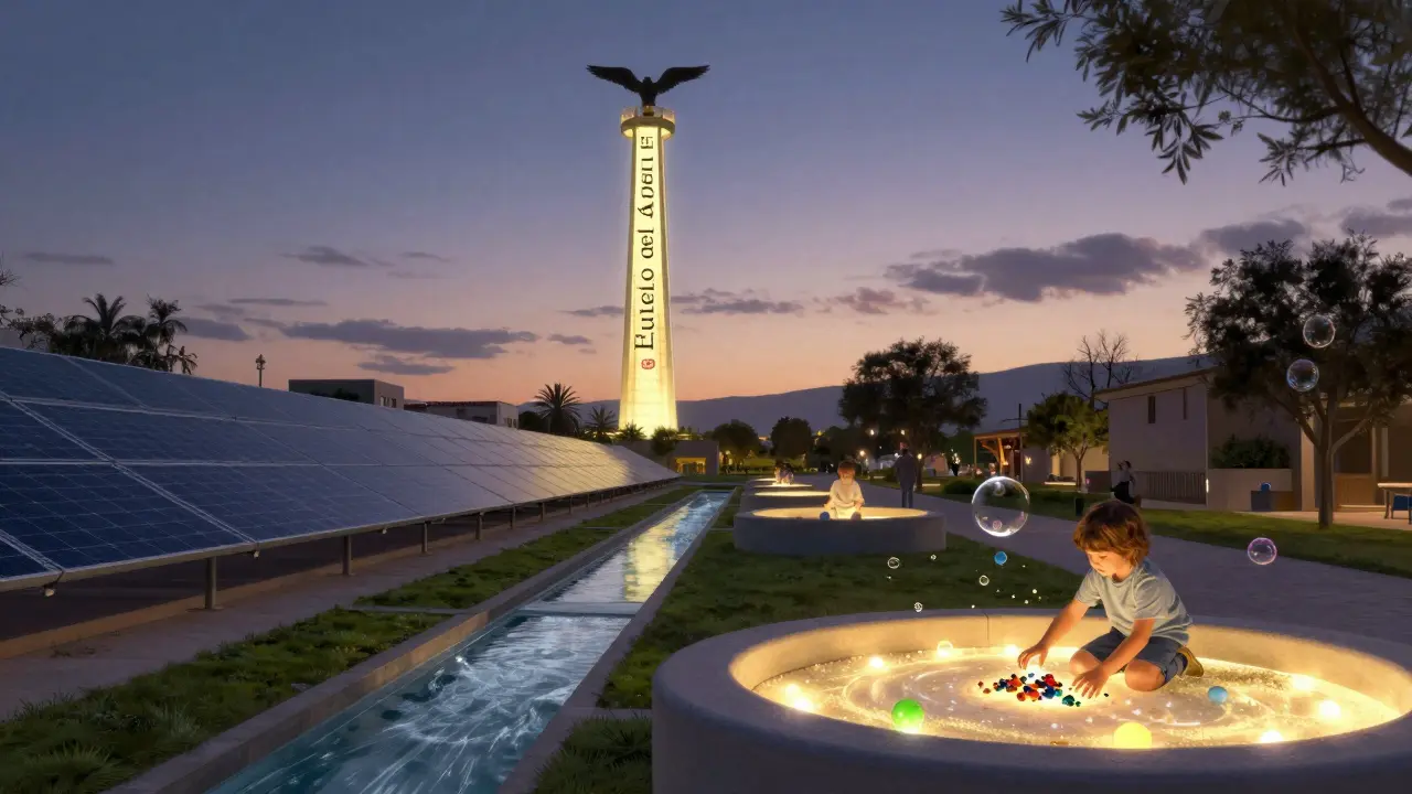 Parque de Málaga con torre de caída libre y áreas sensoriales suaves bajo cielo crepuscular, enfatizando sostenibilidad y accesibilidad.