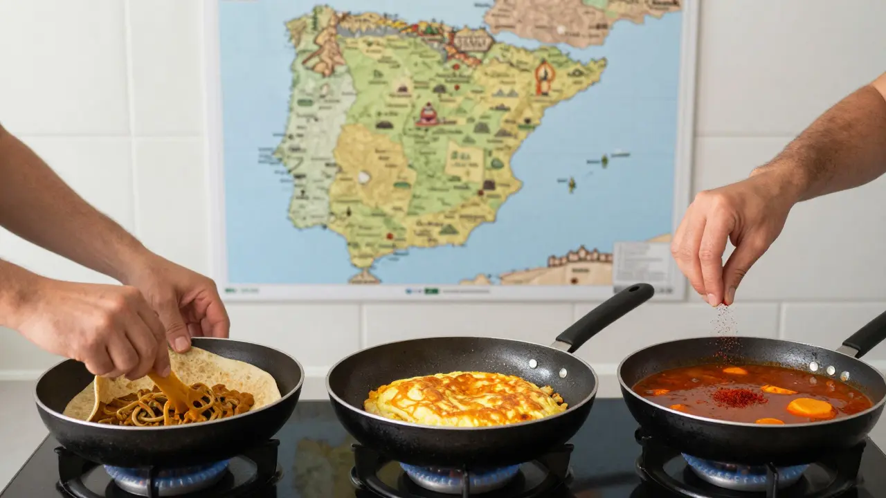 Tres manos en distintas etapas de aprendizaje cocinando la tortilla española.