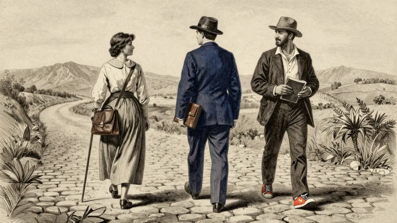 Tres viajeros distintos caminan juntos por un camino empedrado hacia montañas lejanas.