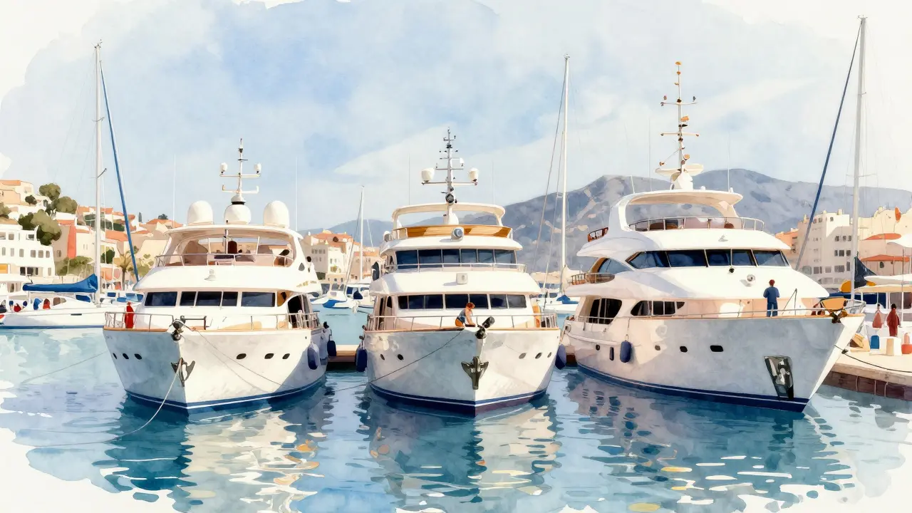 Tres yates de tamaños variados en ilustración acuarela, muelle de Ibiza.