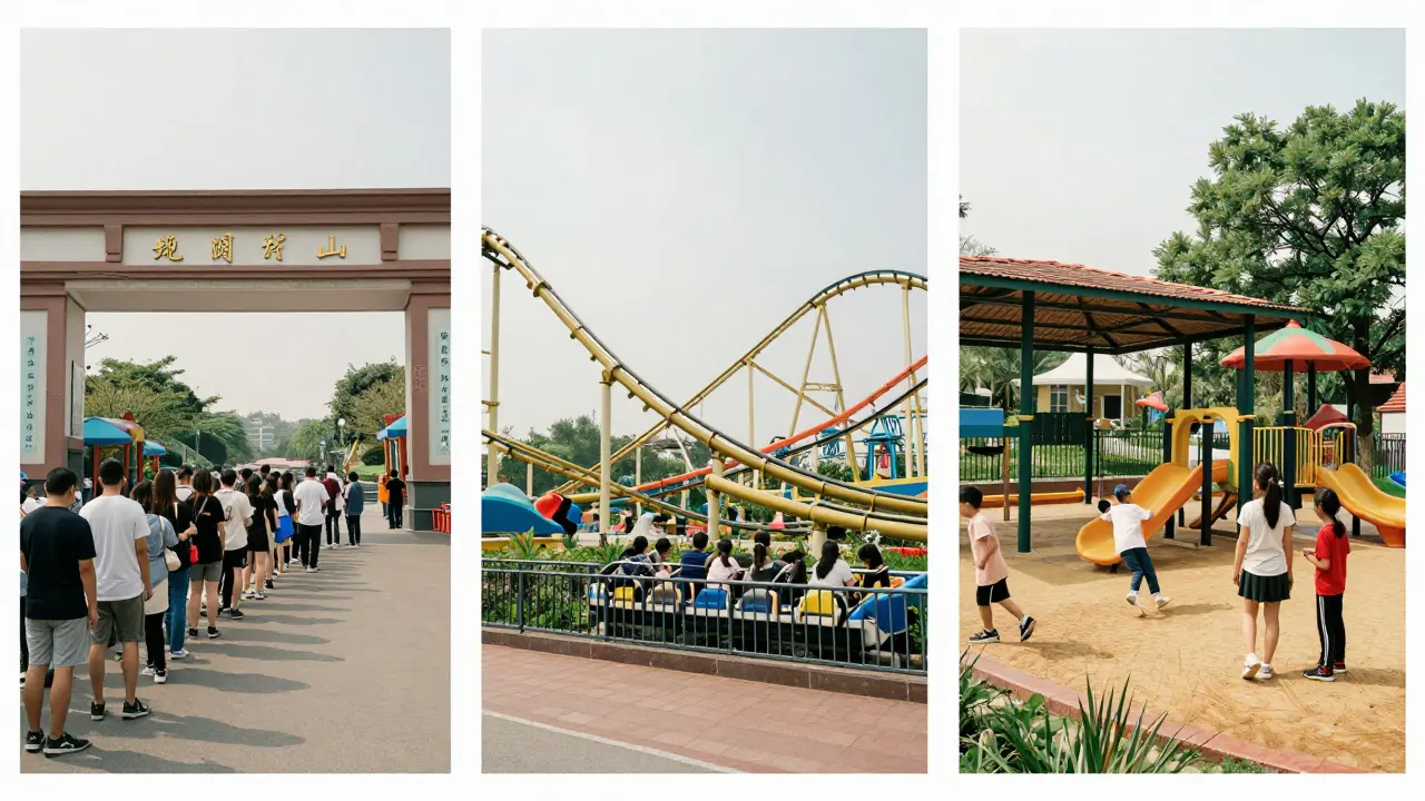 Tres zonas del parque: colas, acceso express y área infantil bajo sol.