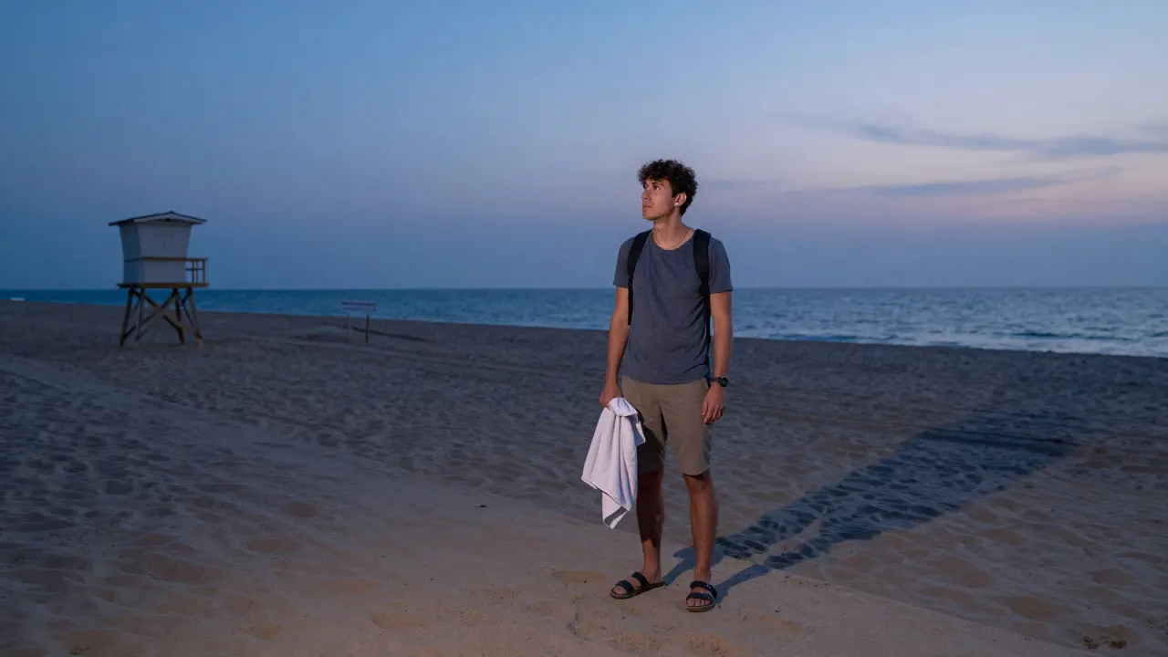 Turista solitario dudando en la orilla de una playa vacía al atardecer, sin servicios ni personas a la vista.
