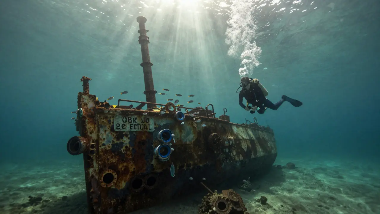 Un buceador explora un naufragio en aguas claras de la Costa Brava, con peces nadando alrededor de la estructura sumergida.