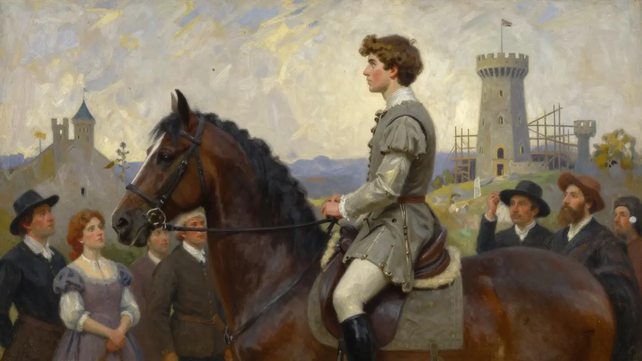 Un joven heredero montado en un caballo de batalla durante un ensayo, rodeado de actores experimentados en Puy du Fou.