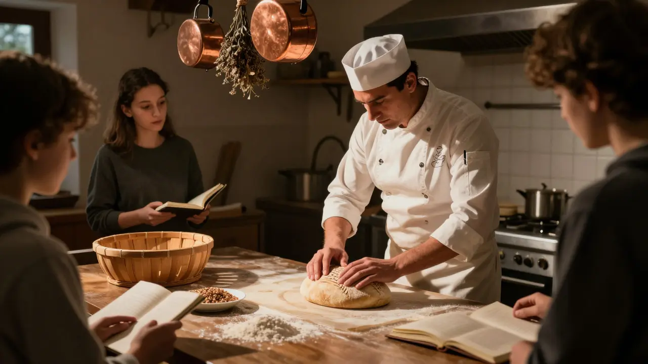Un maestro panadero enseñando técnicas de corte en un horno tradicional vasco.