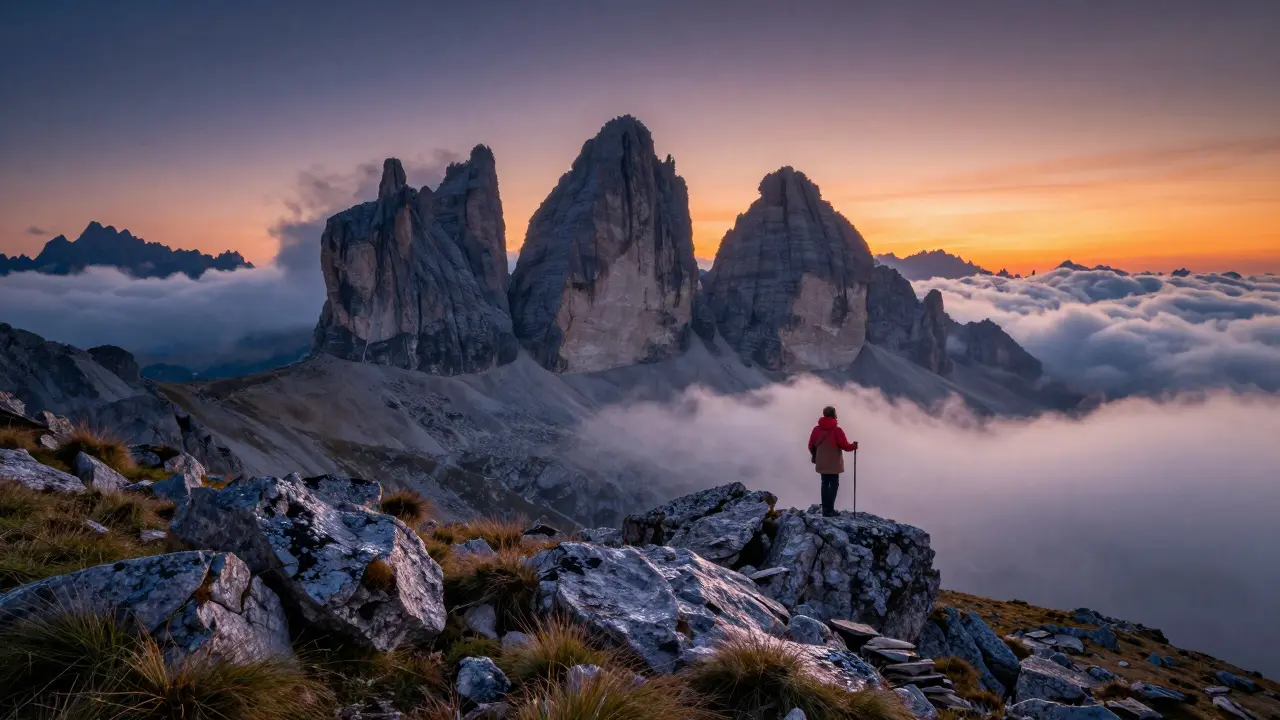 Una figura en una cumbre de los Picos de Europa con nubes abajo al amanecer.