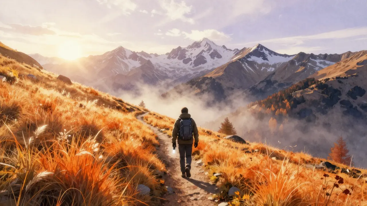 Una mañana de septiembre tranquila en los Pirineos, con hierba dorada, nieve temprana y un senderista solitario.