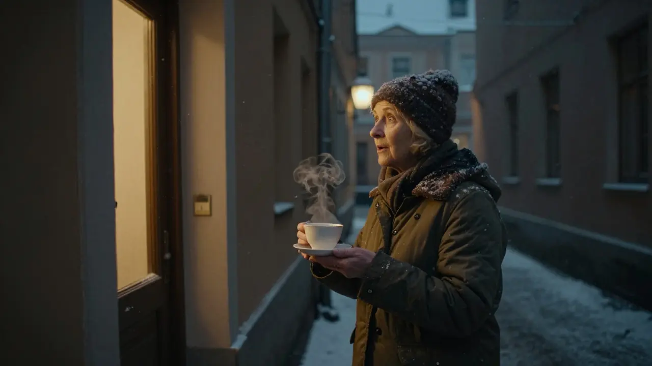 Una mujer mayor ofrece té a un viajero perdido en un callejón de Riga, bajo la nieve y una luz cálida de puerta abierta.