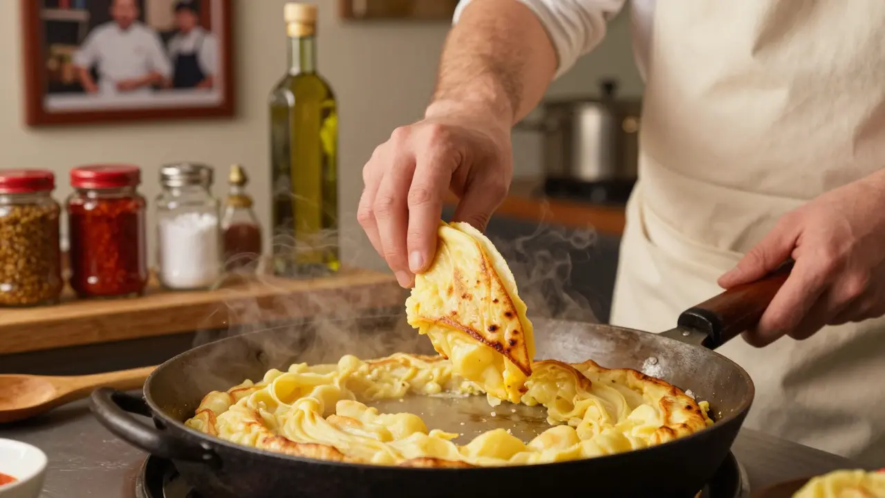 Una tortilla de patatas perfectamente dorada siendo volteada en una sartén de hierro, con ingredientes tradicionales al fondo.