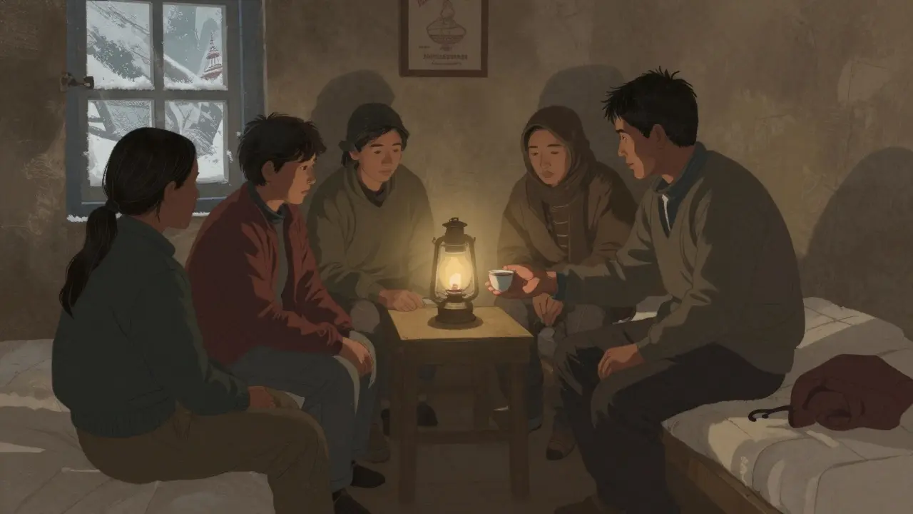 Viajeros comparten una habitación humilde en los Himalayas, una lámpara de aceite ilumina un gesto de té compartido.