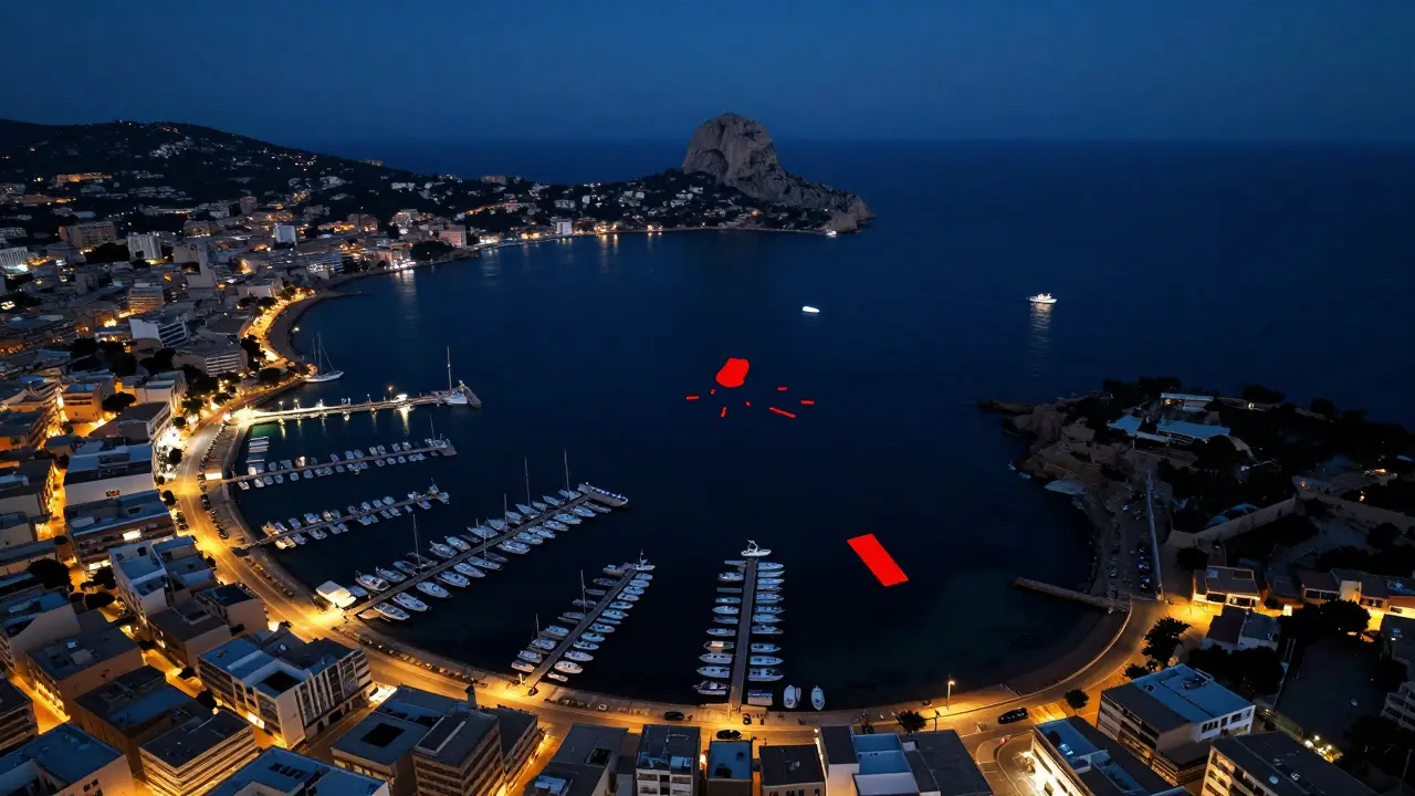 Vista aérea nocturna de Ibiza mostrando solo los puertos autorizados iluminados, mientras las bahías no autorizadas permanecen oscuras.
