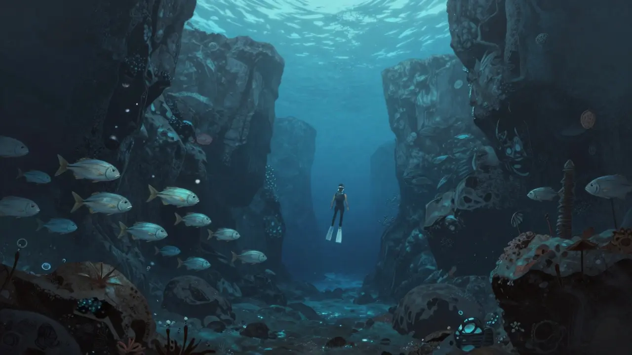 Acantilados volcánicos bajo el agua con banco de peces plateados