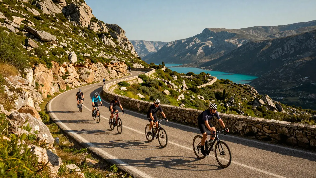 Ciclistas recorriendo la ruta por las montañas de la Sierra de Tramuntana.