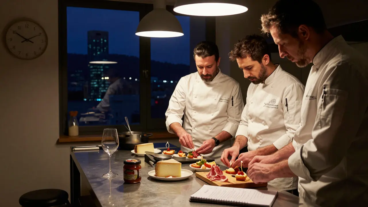 Clase nocturna en Bilbao: estudiantes cocinando tapas bajo luces cálidas, con vistas suaves de la ciudad fuera de la ventana.