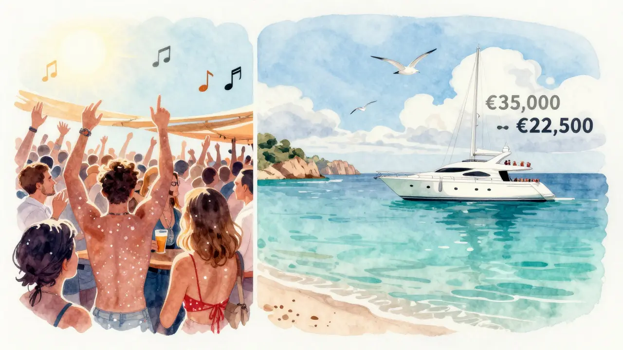 Comparación de temporada: yate lleno de fiesta en julio vs. yate solitario en una cala tranquila de septiembre en Ibiza.