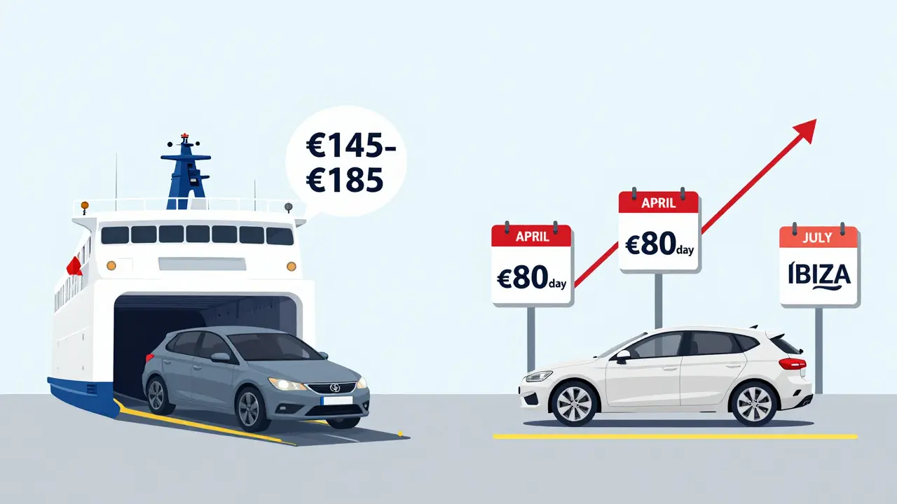 Comparación visual: costo del ferry vs. alquiler diario de coche en Ibiza, con gráfico de precios estacionales.